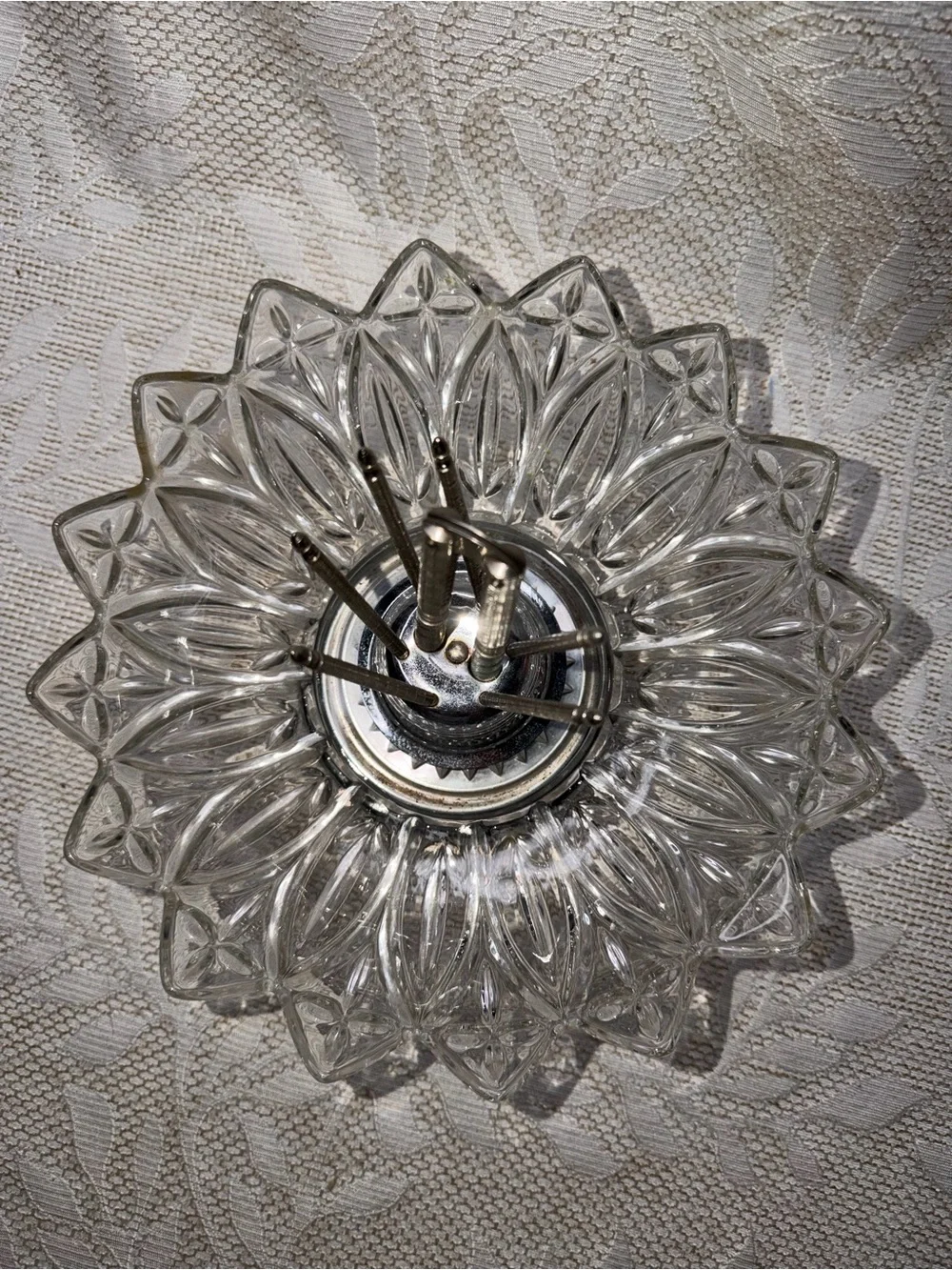 vintage Mid-Century Modern glass nutcracker bowl with metal picks